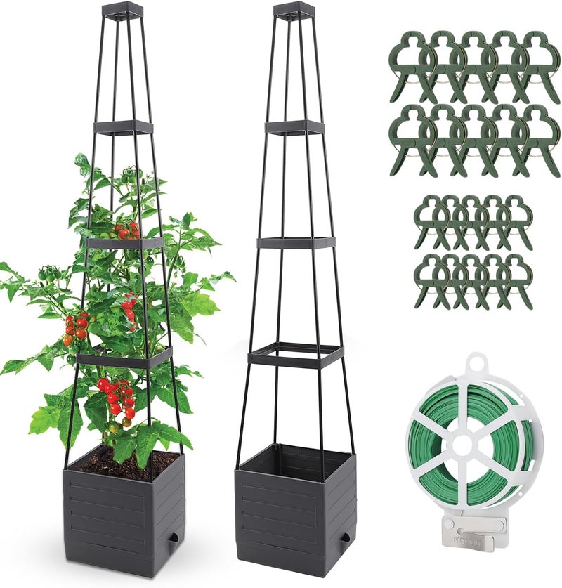 Qaobo 2 Pack Raised Garden Bed, Planter Boxes with Trellis 58.3'' Tomato Planters for Climbing Vine Vegetables Flowers Plants Self Watering Tomatoes Cage for Outdoor Patio Greenhouse - Image 1